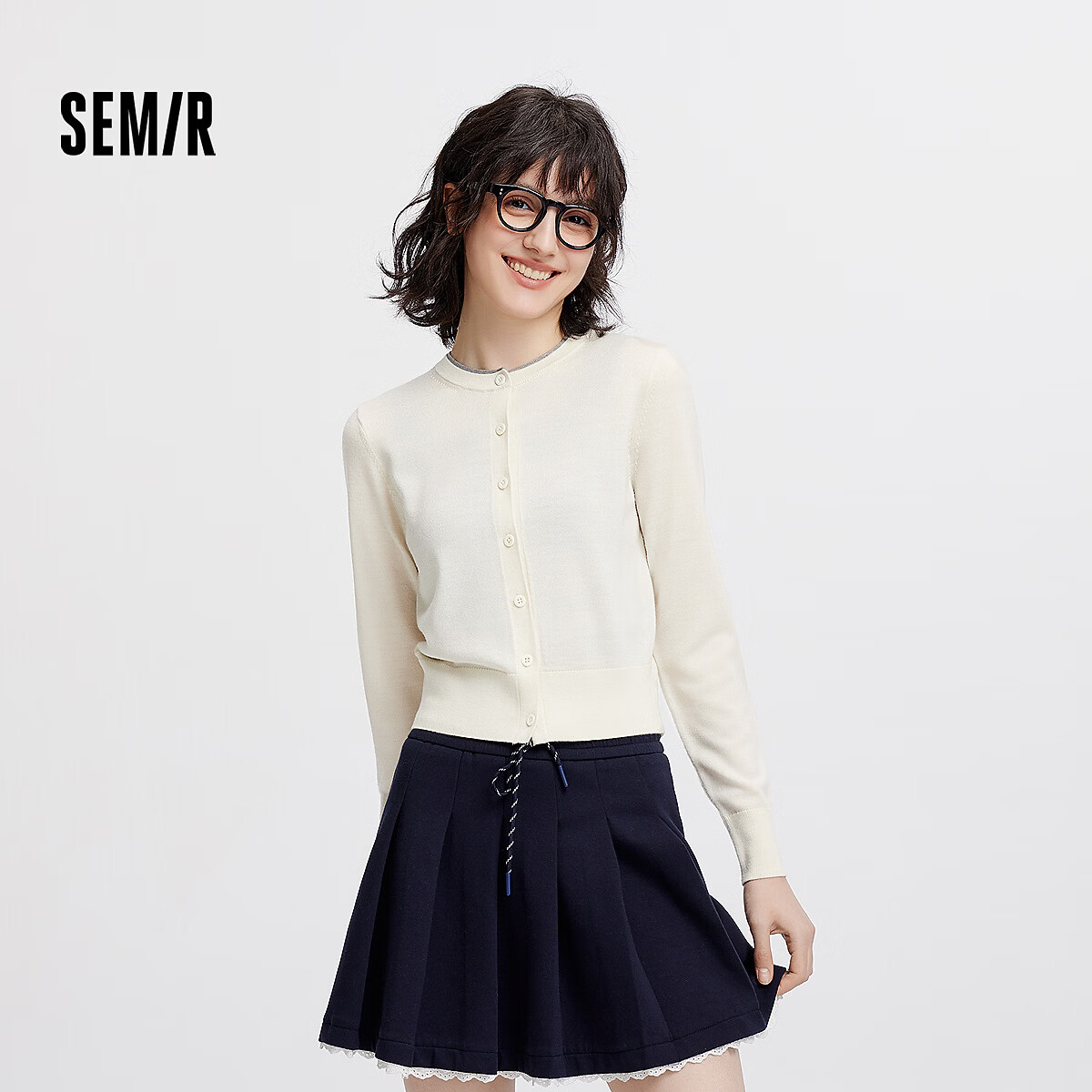 森马(Semir)针织开衫女秋短款撞色圆领假两件羊毛上衣正肩显瘦温柔系毛衫 白色调00311 M