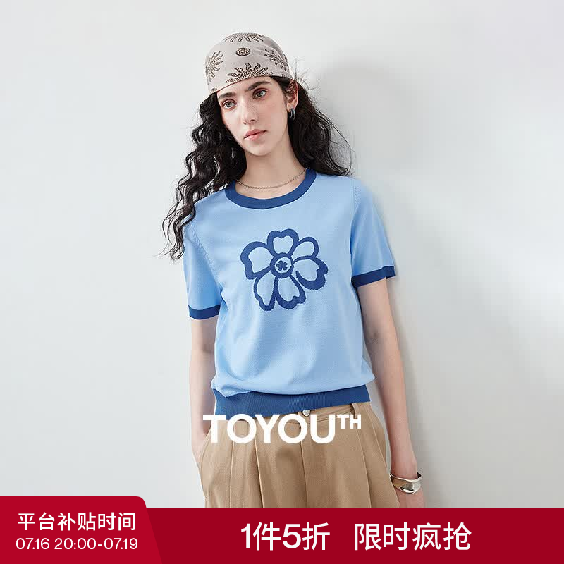 初语绿绒蒿提花针织衫女2026夏季新款冰爽丝活力撞色圆领显瘦上衣 天蓝色 L