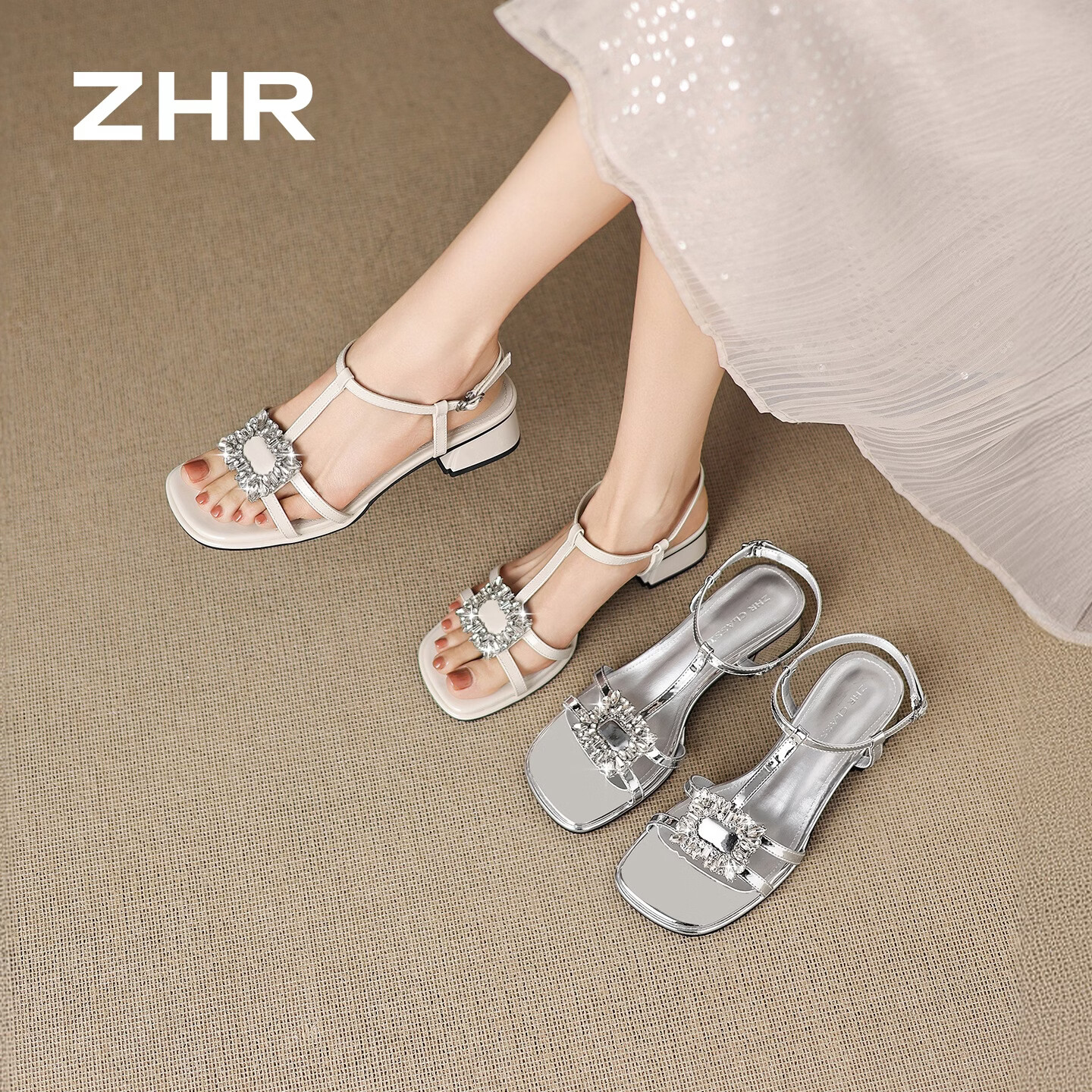 ZHR则则凉鞋女2026夏季法式外穿女鞋水钻方扣粗跟配裙鞋子女 KN387 银色 35