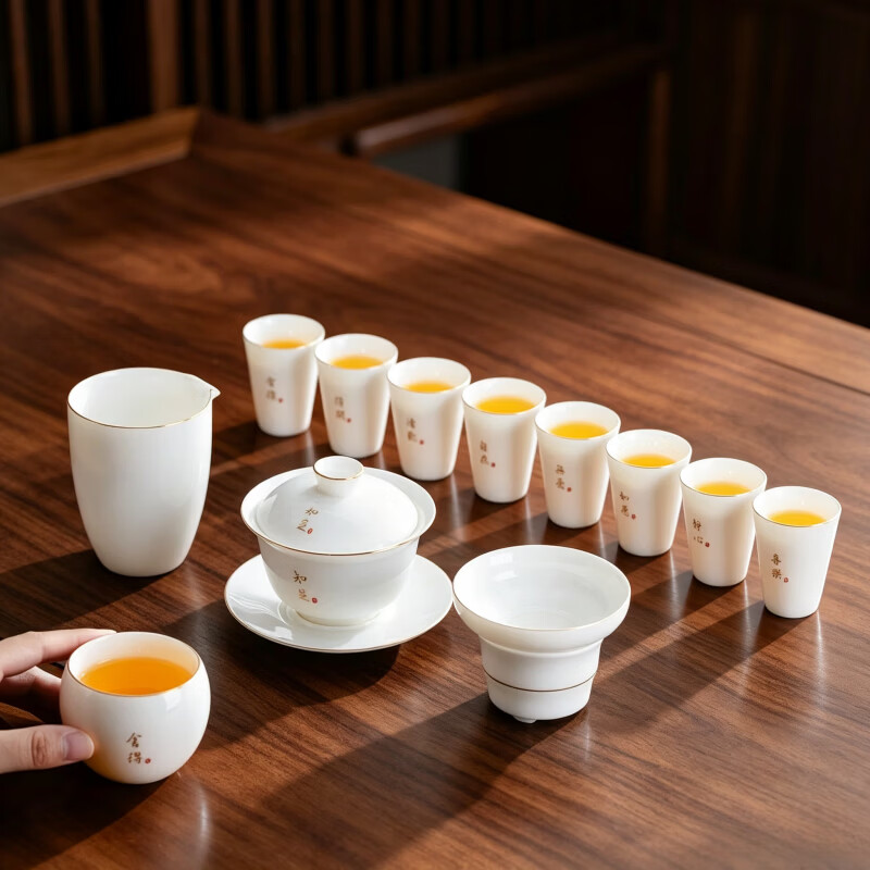 鹤楿茶高档德化羊脂玉白瓷陶瓷四方杯功夫茶具套装盖碗泡茶壶茶杯礼盒 【礼盒装】13头【聚香杯】