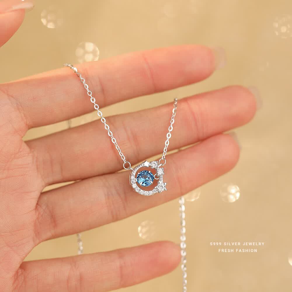 S999足银小清新尖晶项链女浅蓝众星捧月吊坠小众设计感锁骨链 白金色 足银
