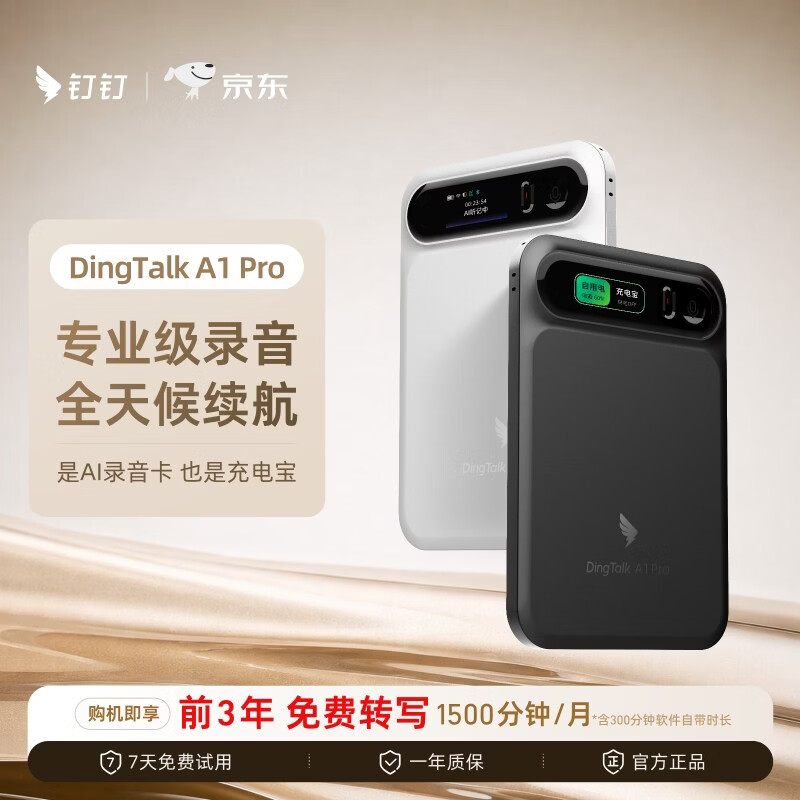 钉钉Talk A1pro 智能AI录音笔同声传译转文字卡分析总结会议纪要记录DingTalk【充电宝】  皓月银