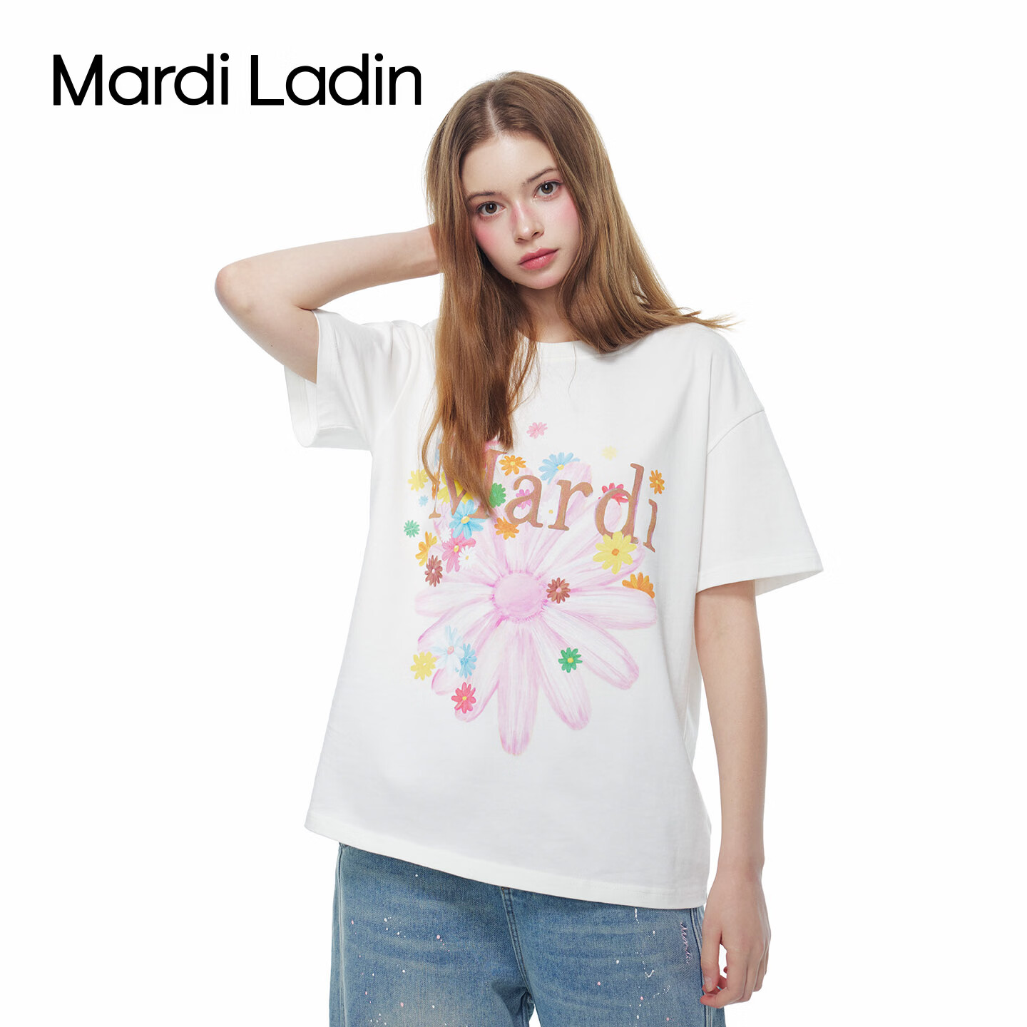 MARDI LADIN印花短袖T恤女2026年夏季新款宽松圆领女装休闲百搭上衣女 米白 XS