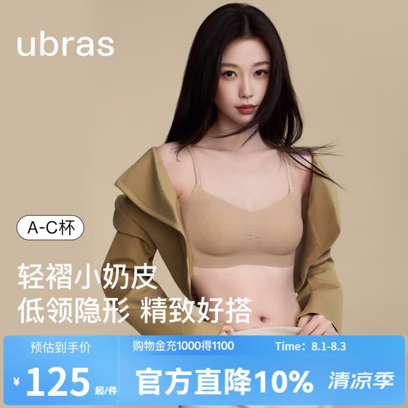 ubras虞书欣同款无尺码小奶皮细肩带粉底液隐形无痕内衣女夏季薄文胸 【升级款】隐形肤色 均码 -标准版【背勾款】100-130斤