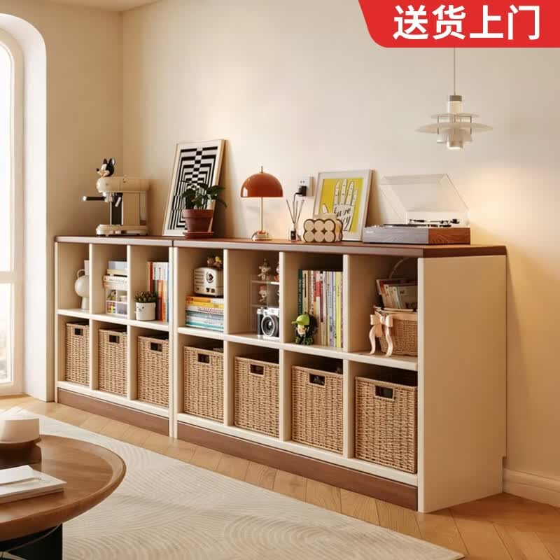 耐赛尔实木格子柜书架书包置物架落地客厅学生收纳书柜展示储物简易矮柜 实木芯|可可蛋奶+黑胡桃色【2层/八格】120*30*67CM