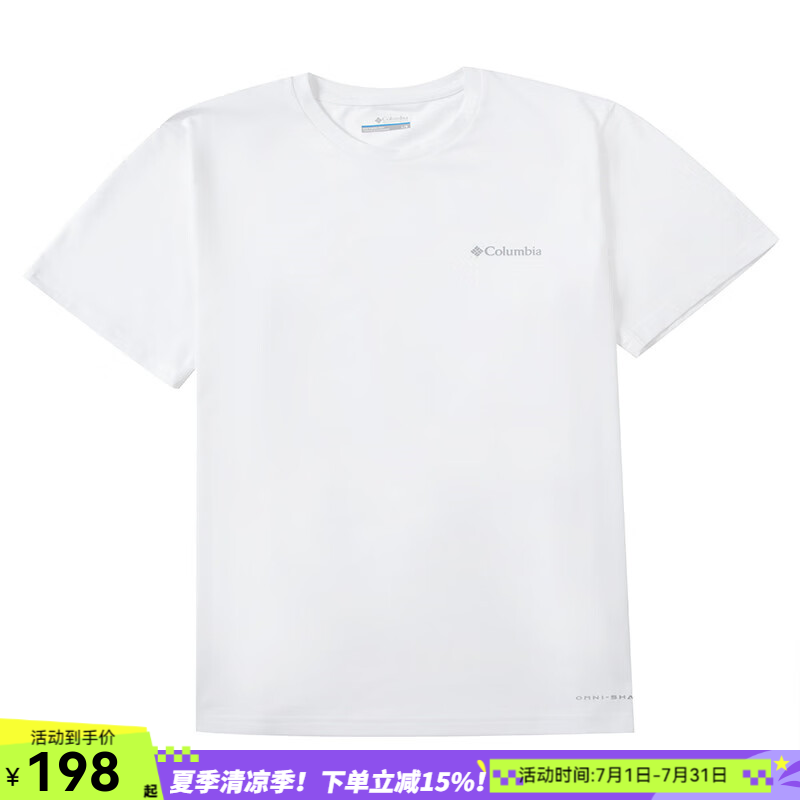 哥伦比亚（Columbia）官方t恤男士 春夏季款户外运动休闲时尚舒适透气吸汗快干短袖上衣 AE0805100/白色 XL （185/104A）