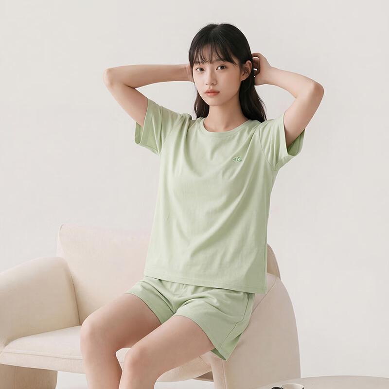 芬腾【100%纯棉 7A抑菌】睡衣男夏季2026新款防螨可外穿短袖家居服 浅绿 L
