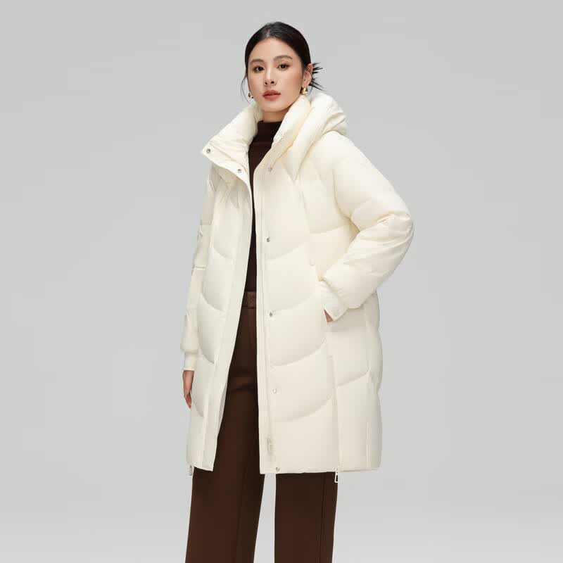 雪中飞【清仓】羽绒服女百搭情侣羽绒服舒适连帽女士中长款羽绒服鸭绒 米白|8011-8622F M 170/92A