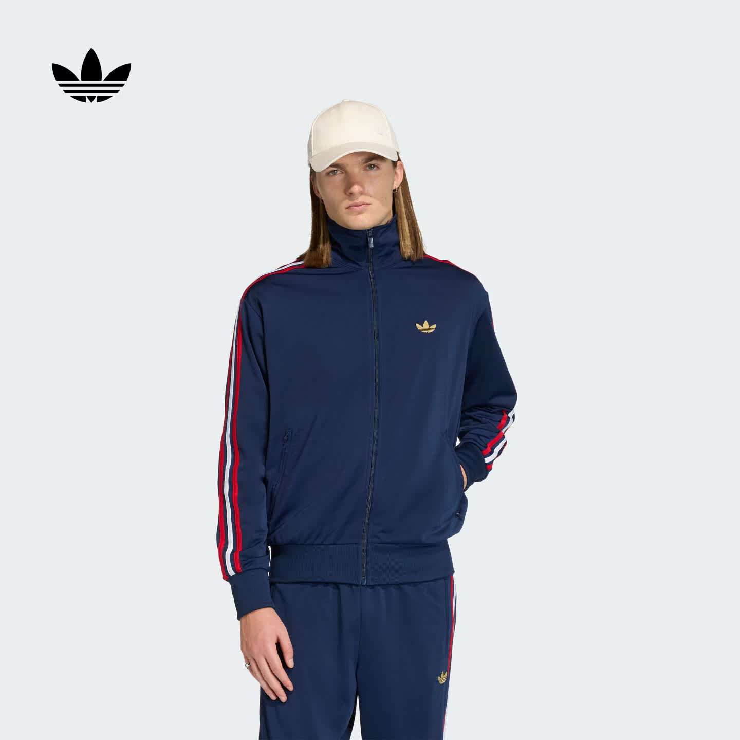 adidas通勤百搭休闲三条纹宽松运动薄外套男春新款阿迪达斯三叶草 深靛蓝/浅猩红/白   M  