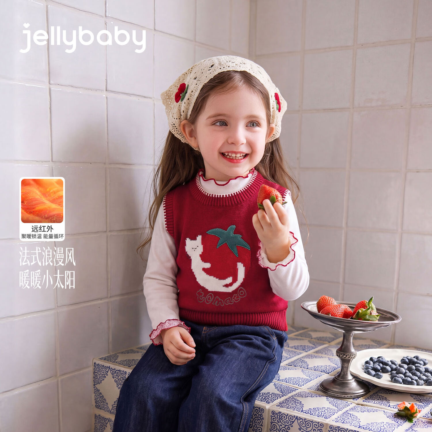 JELLYBABY【抑菌锁温发热番茄小猫马甲】新品秋款女童韩系纯棉毛织马甲露营 红色 100