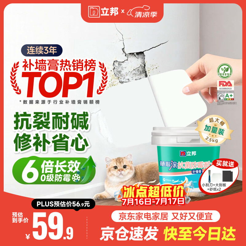 立邦补墙膏墙面修复防霉抗菌墙面修补膏堵洞腻子膏白色2.5kg