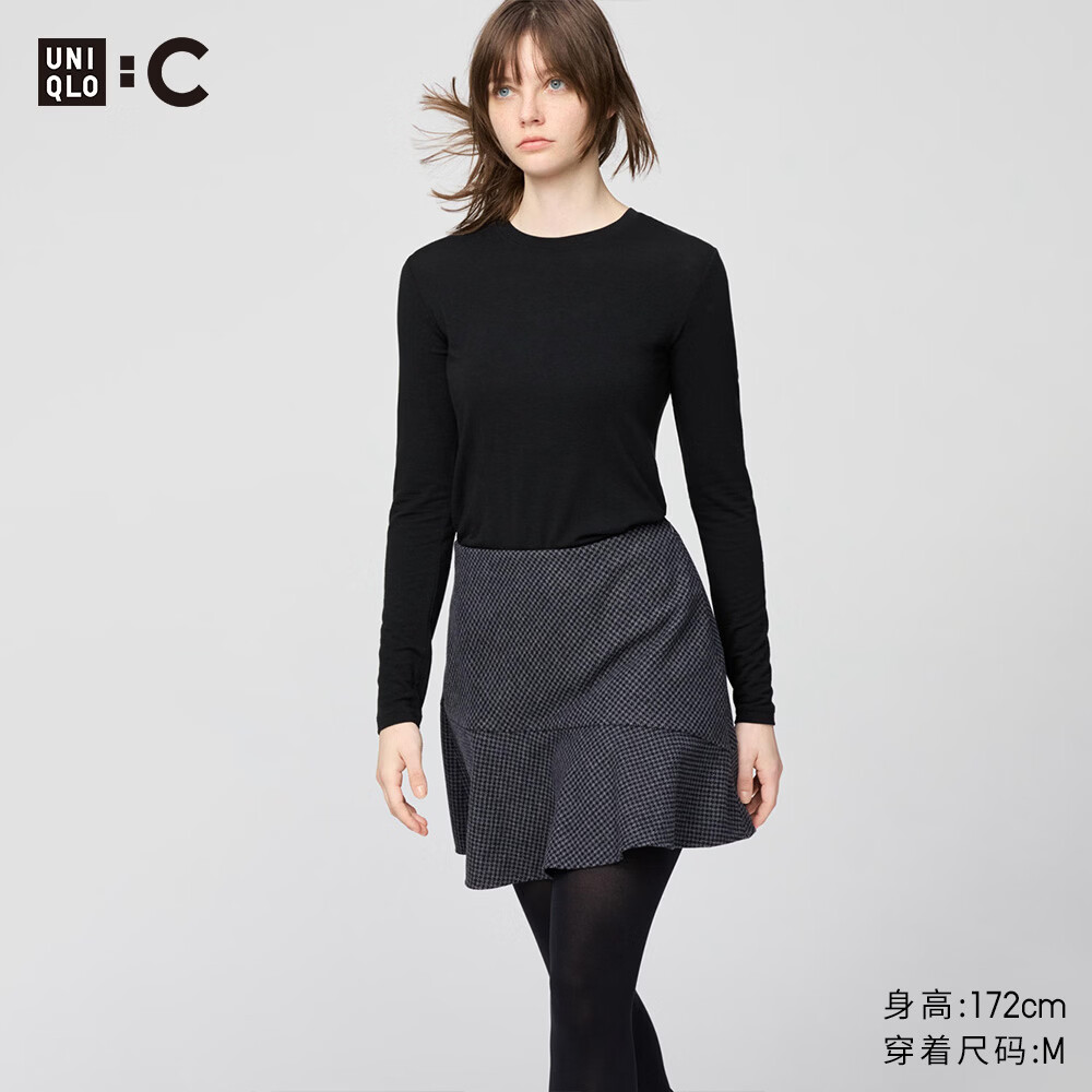优衣库HEATTECH EXTRA WARM混纺圆领T恤/长袖女装9%羊绒478955 478955/09黑色 S