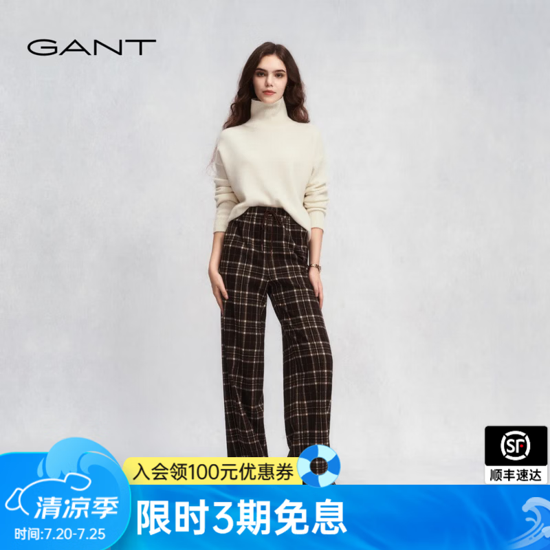GANT/甘特2025秋冬新款女装复古格纹窄版阔腿裤加绒厚款休闲裤子 210-咖色 L