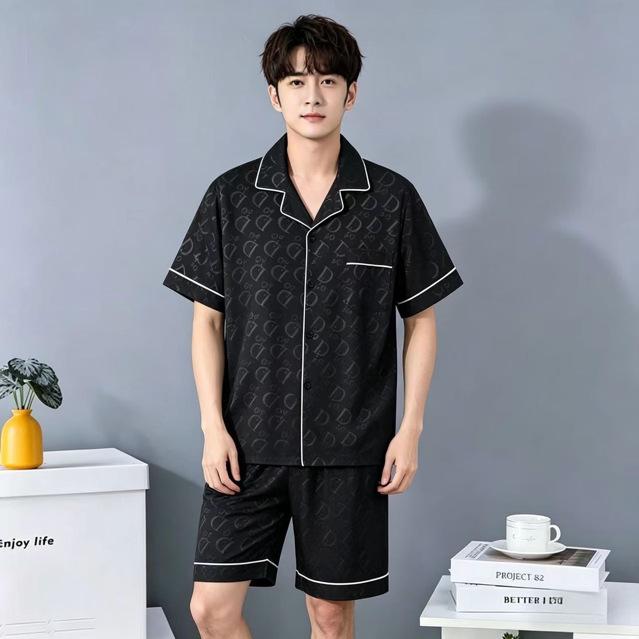 JDAIHD冰丝睡衣男夏季薄款短袖睡裤凉感柔软宽松夏天男士家居服两件套装 2606灰色小狗 3XL 160-180斤