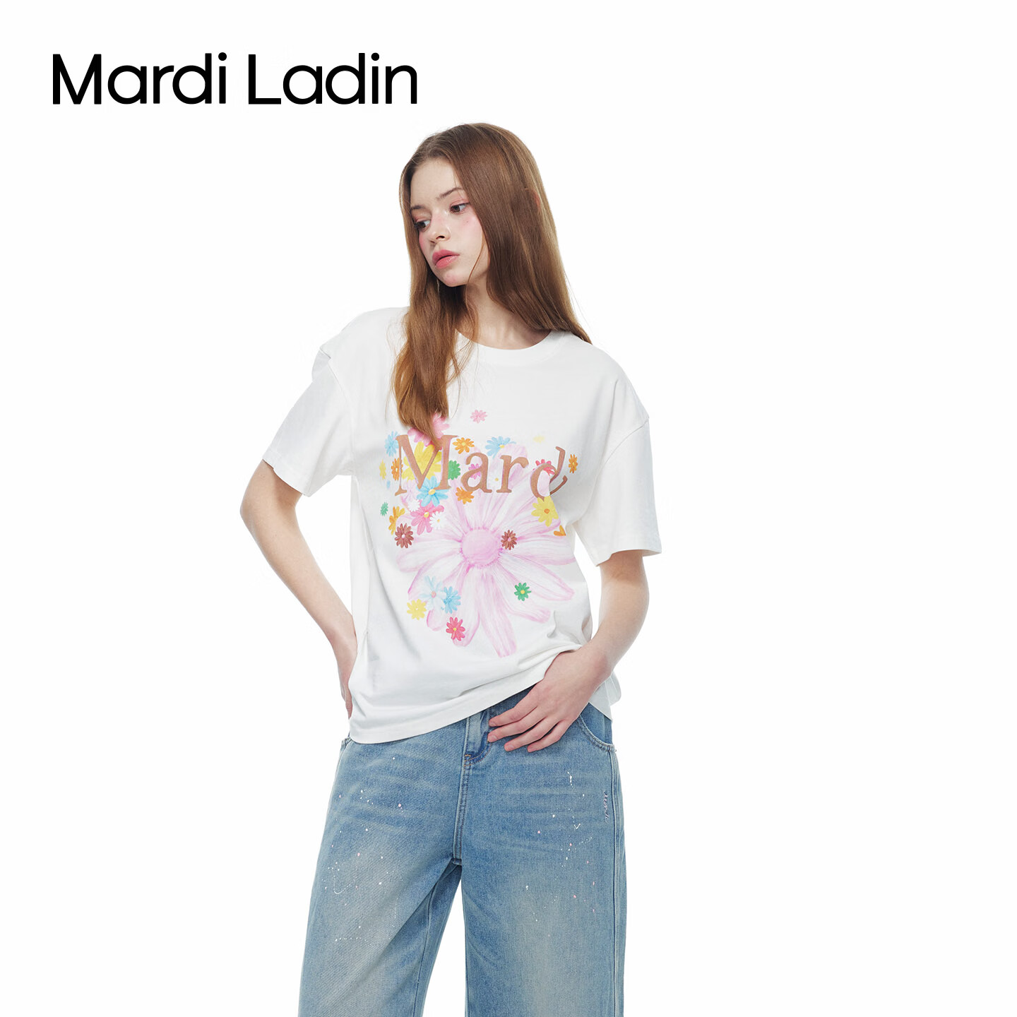MARDI LADIN印花短袖T恤女2026年夏季新款宽松圆领女装休闲百搭上衣女 米白 XS