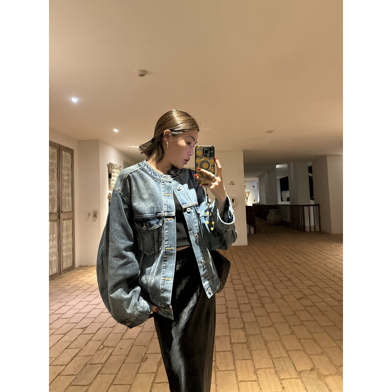LE ALFASHIONLINE【断码清仓】廓形牛仔外套女秋装春季新款宽松显瘦圆领水洗牛仔衣 蓝色 现货 S