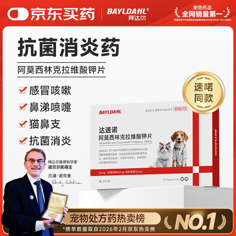 拜达尔【速喏】同款阿莫西林克拉维酸钾片宠物猫咪狗消炎药感冒咳嗽鼻支