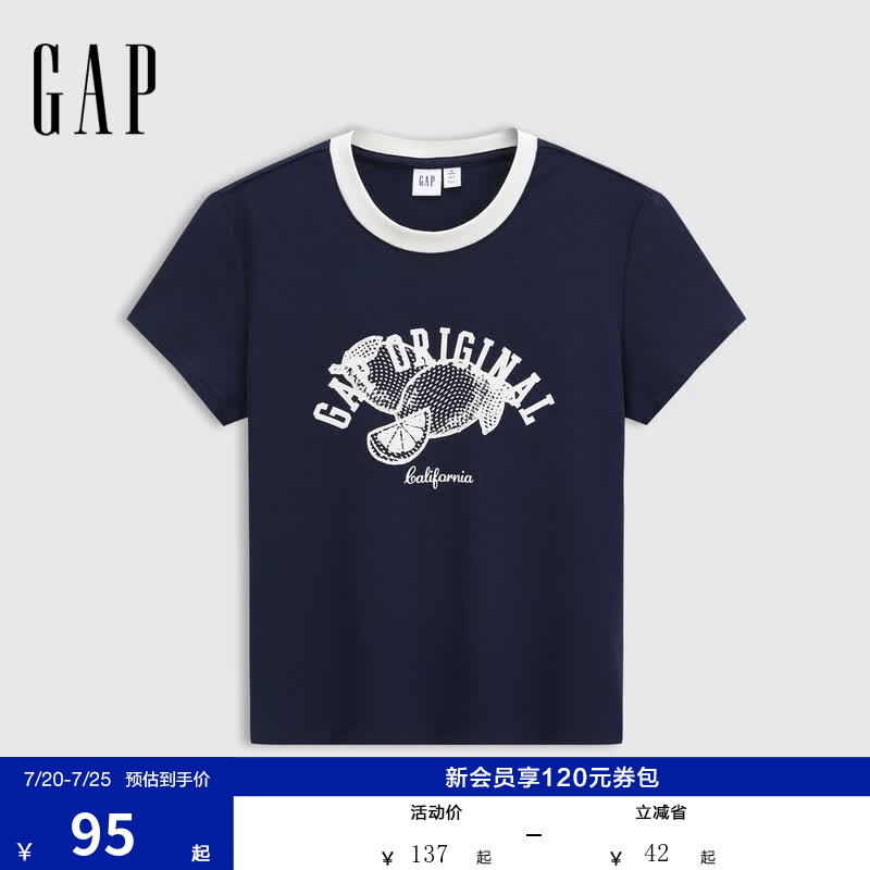 GAP女装夏季款撞色圆领趣味印花logo常规短袖T恤上衣766159 海军蓝 S (160/80A) 亚洲尺码