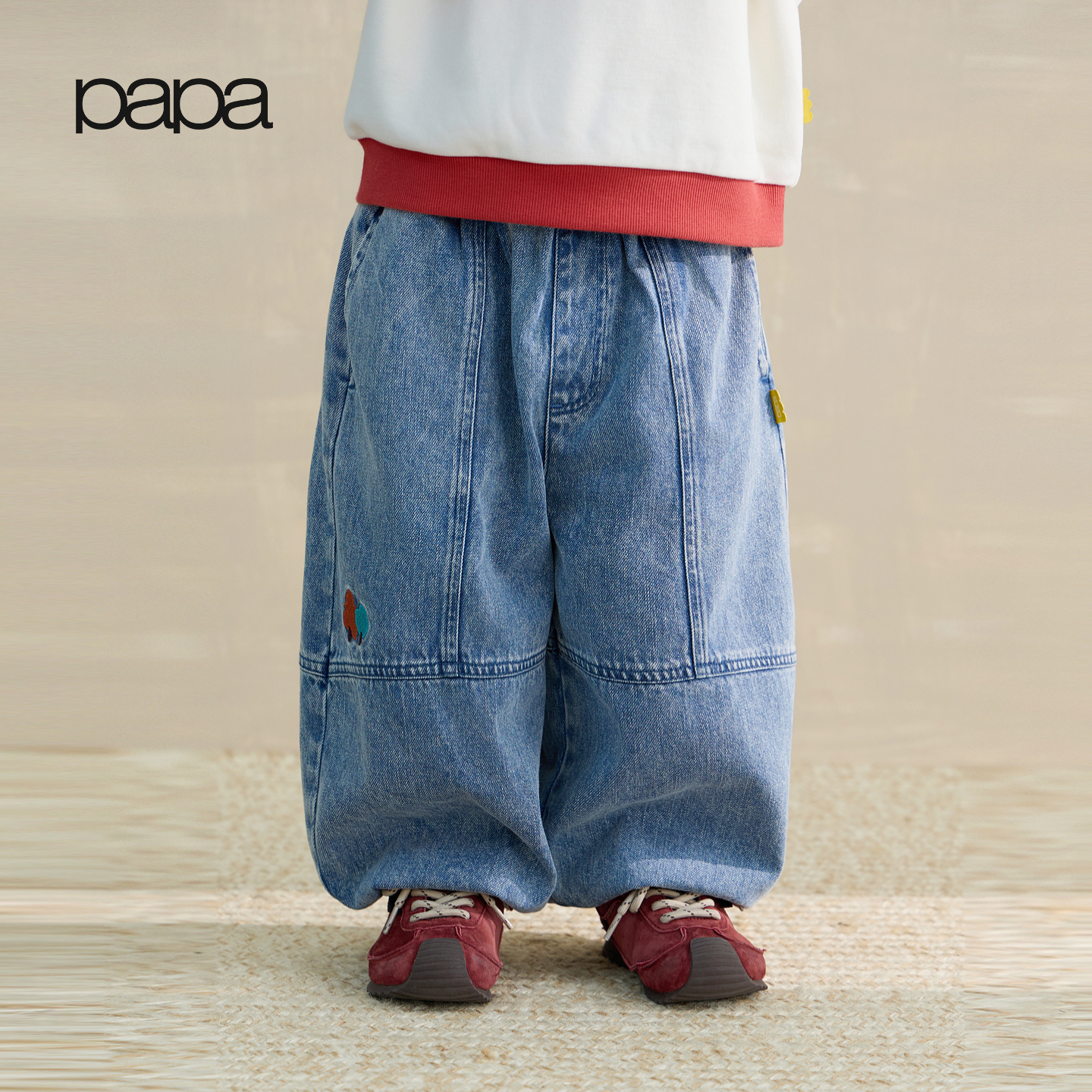 papa【软牛仔】爬爬秋季儿童牛仔长裤纯棉百搭男女宝宝阔腿气球裤 深蓝色 100
