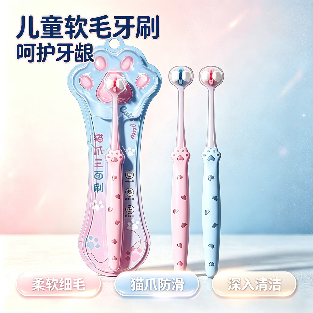 RAOYI三面软毛牙刷猫爪防滑手柄 呵护牙龈深入清洁 2-12岁婴幼儿宝宝 三面包裹深洁-粉*蓝 2支