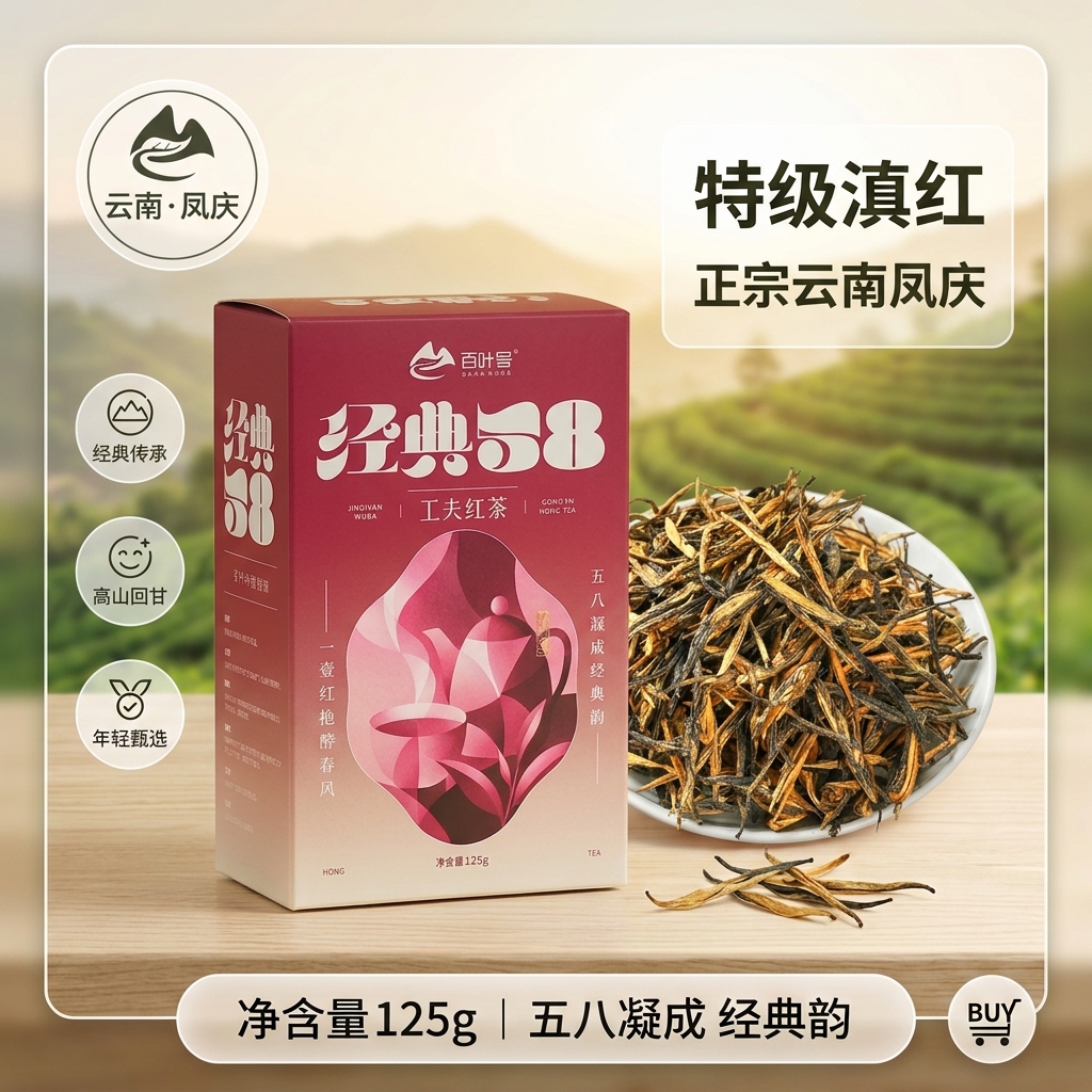 百叶号红茶经典58特级凤庆滇红茶26年明前头春茶叶伴手礼自己喝工夫红茶 【经典58】单盒125克