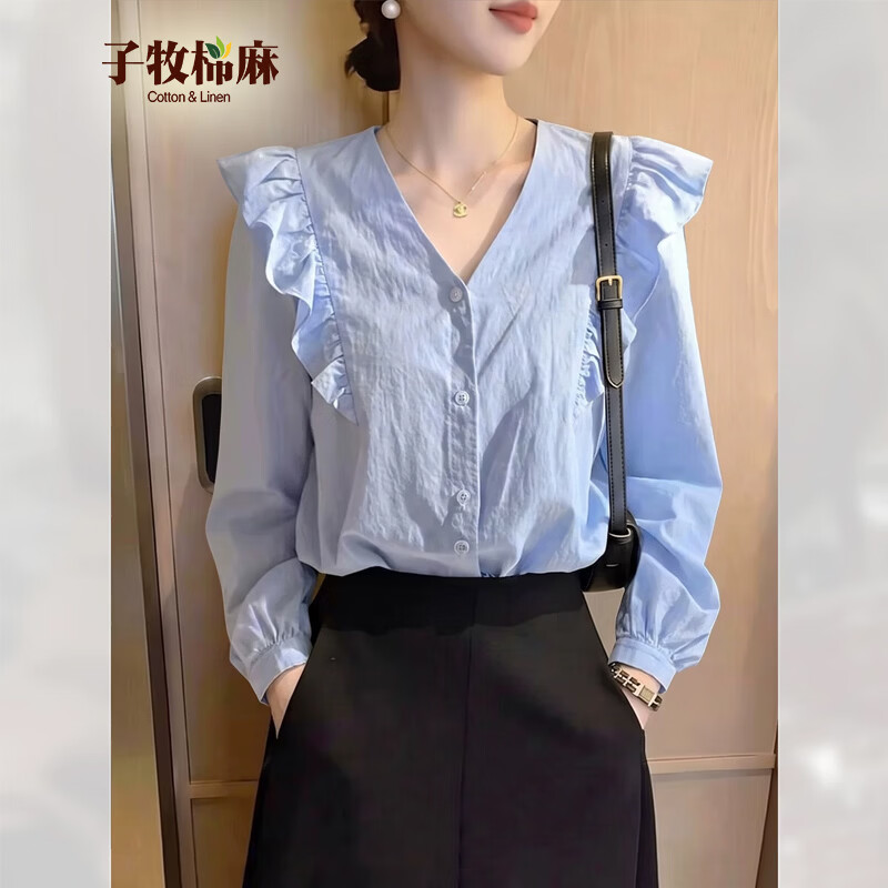 子牧棉麻2026秋装 女时尚百搭小衫法式小众宽松长袖衬衫上衣8579 蓝色 M (建议95-115斤)