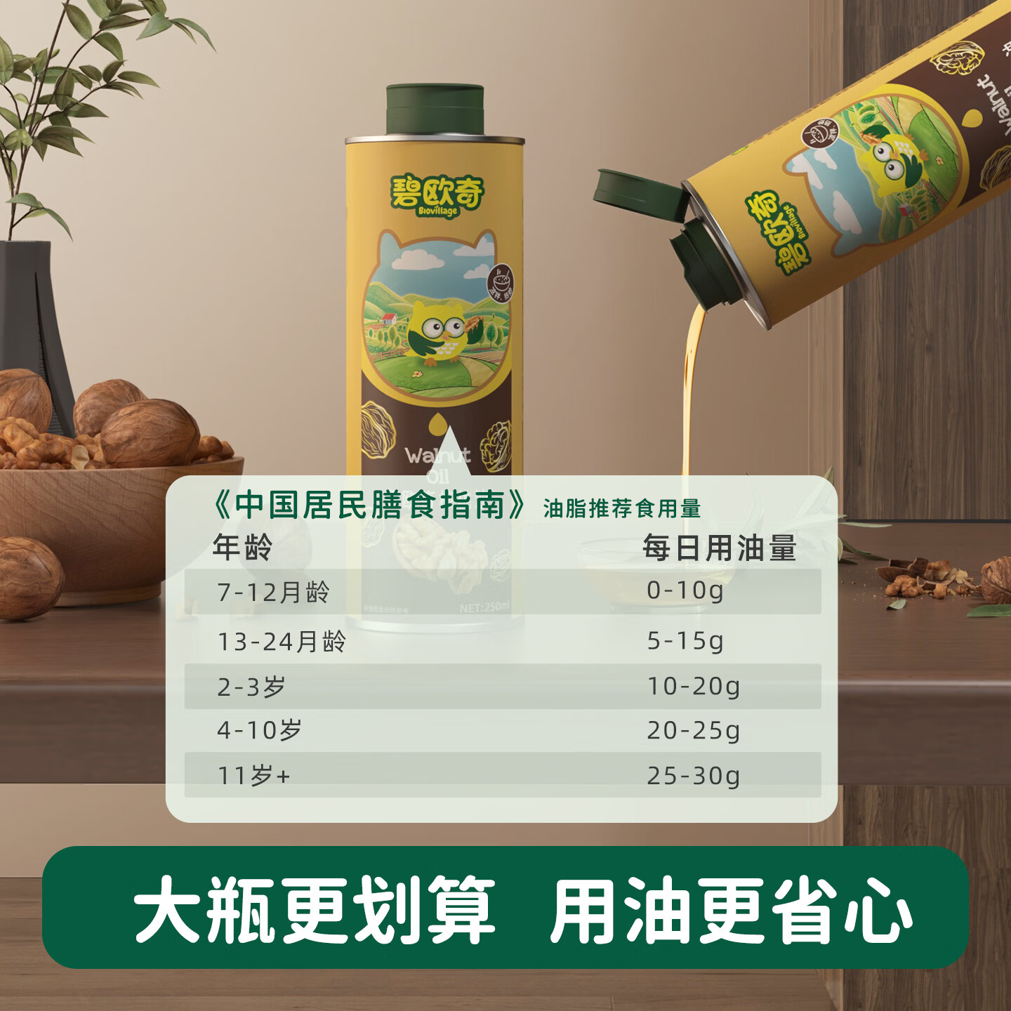 碧欧奇宝宝辅食用油可凉拌可热炒送婴幼儿1岁以上辅食谱 100%核桃油250ml*1瓶