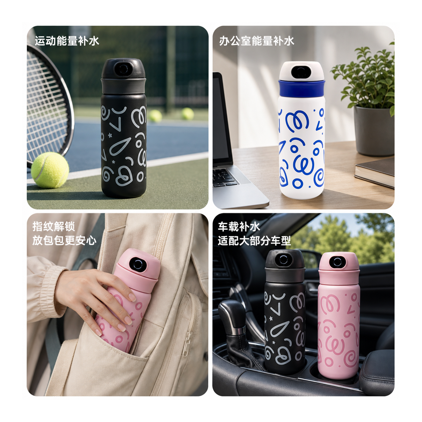 MANY GIFT2026新款指纹解锁保温杯316L不锈钢内胆智能水杯防恶作剧涂鸦风格 480ml元气粉【指纹解锁】