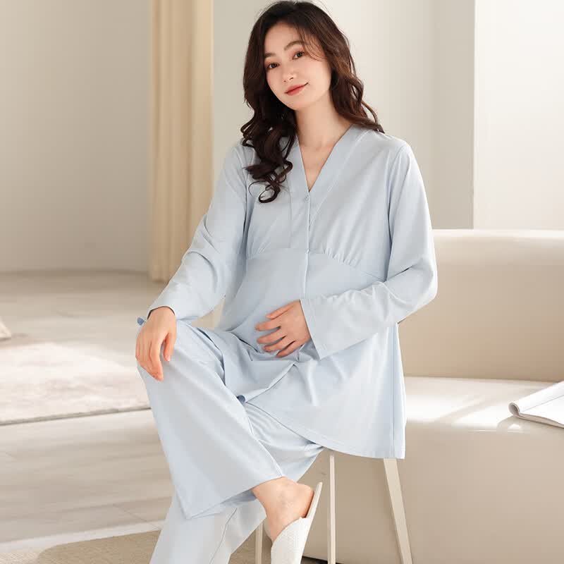 ROVO月子服哺乳睡衣带胸垫怀孕期产后喂奶孕妇家居服套装 AM66763浅蓝 L