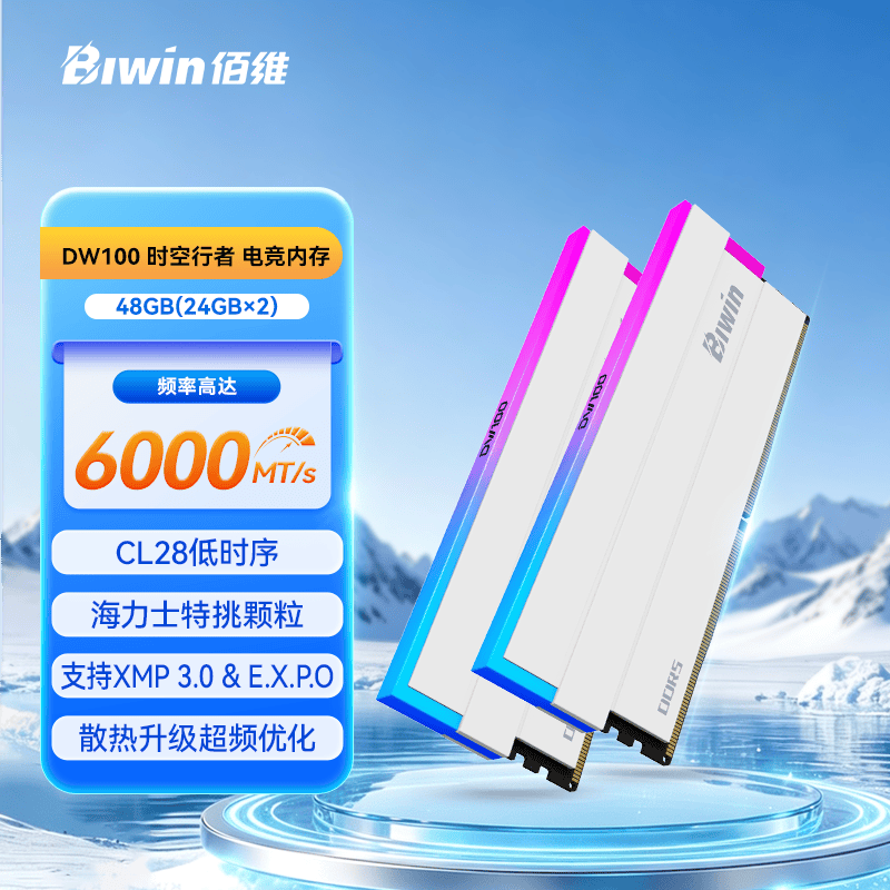 佰维（BIWIN）48G(24G×2)套装 DDR5 6000频率台式机内存条 时空行者DW100 RGB灯条(C28)白色AI PC电脑存储配件