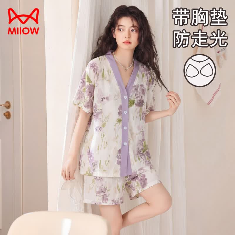 猫人（MiiOW）带胸垫防走光睡衣女夏短袖短裤水墨紫花开衫可外穿家居服套装 4421#紫罗兰【带胸垫】 M 【女80-95斤//此码无男款】