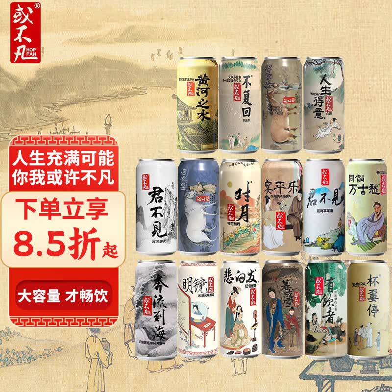 或不凡 国产精酿啤酒 浆进酒连字组合 黄河之水浑浊IPA 果泥 酸啤酒 16口味全家福系列 500mL 16罐 组合装