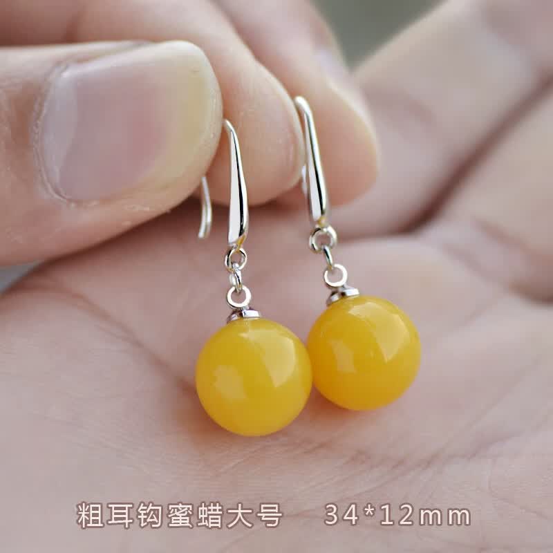 京滔蜜蜡耳饰圆珠耳坠鸡油黄蜜蜡耳环女银琥珀民族风转运珠老蜡耳饰血 新款耳钩蜜蜡大号12mm