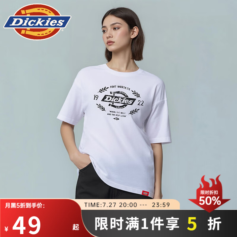 Dickies短袖t恤男纯棉大LOGO夏季美式潮牌字母印花宽松百搭上衣DK012598 白色 S 版型宽松偏大，卡码建议拍小一码