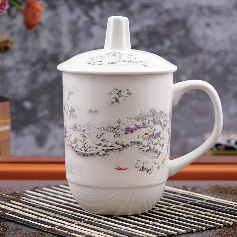 现货低骨瓷会议杯景德镇陶瓷带盖水杯办公杯商务茶杯家用茶楼用 1#报春 400ml