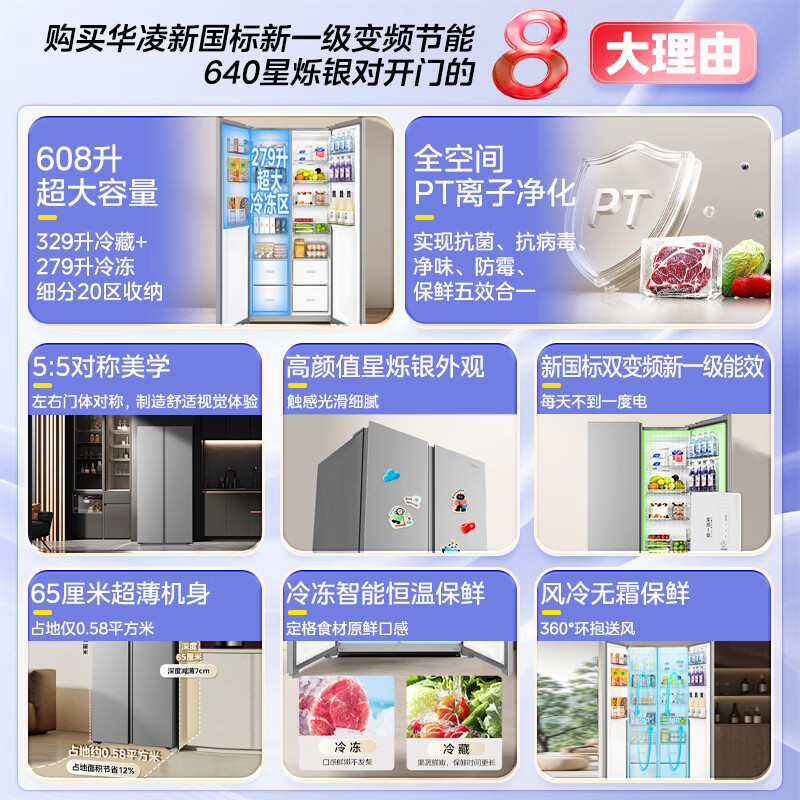 华凌美的冰箱2026新款对开双开门新一级能效节能低音风冷无霜超大容量家用国家补贴京东自营HR-640WKPB