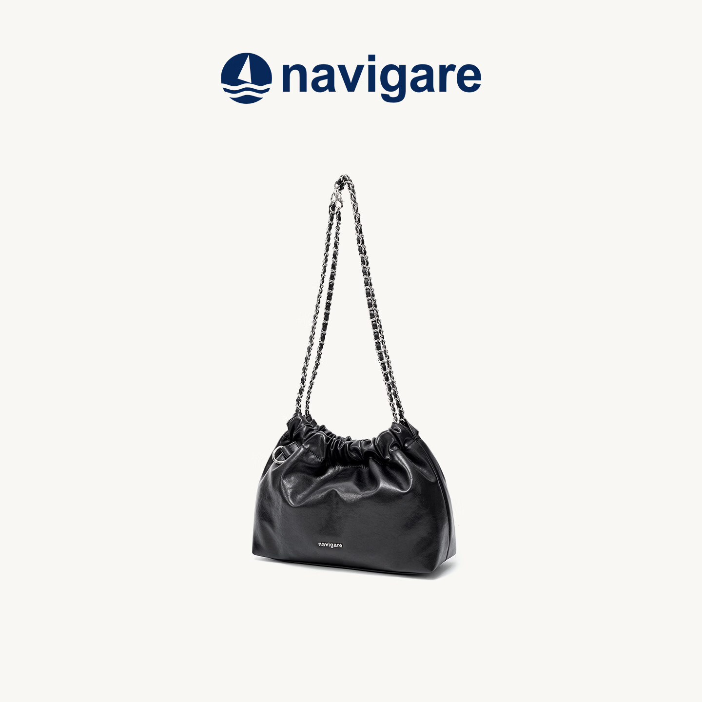 纳维凯尔（Navigare）【爆】意大利小帆船时尚女包大牌复古链条褶皱潮流小众设计水桶包 黑色
