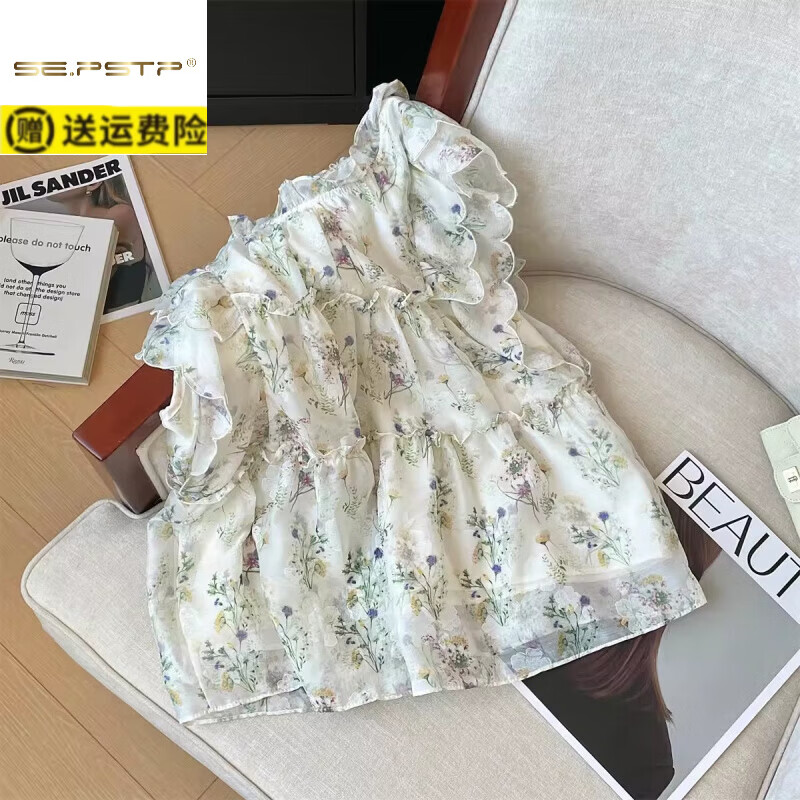 夏典素订女王(SE.PSTP)蝴蝶印花飞飞袖雪纺衬衫女夏法式木耳立领小衫荷叶边宽松无袖上衣 粉色蝴蝶 L