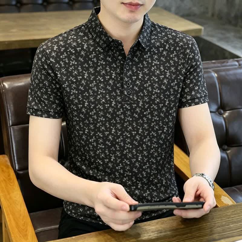 【复古港风】欧版男士夏季新款翻领碎花撞色时尚潮流百搭短袖lrx 黑色 L 建议（115-130 斤）