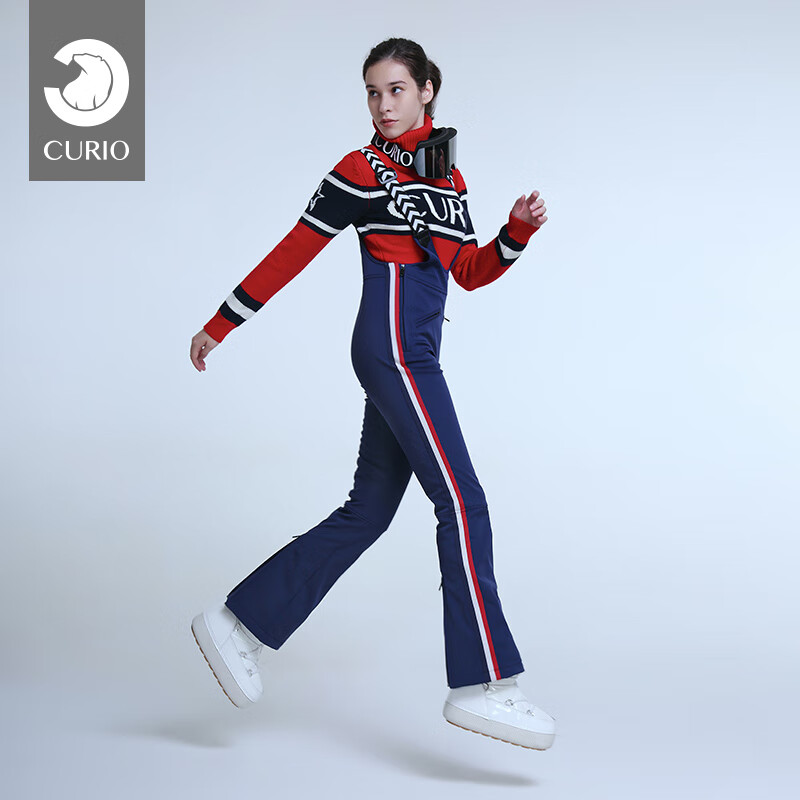 Curio 女士双板滑雪裤弹力加绒复古时尚运动修身背带裤 深蓝色 S