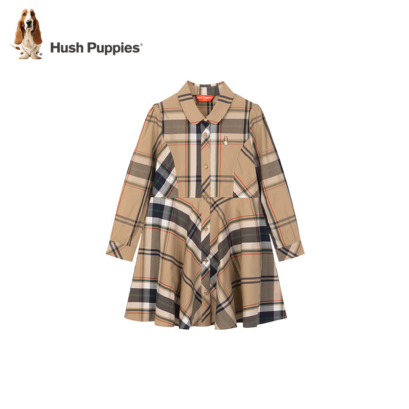 暇步士（Hush Puppies）女童网格连衣裙秋季新款女宝宝经典学院风公主裙 暖卡其 150