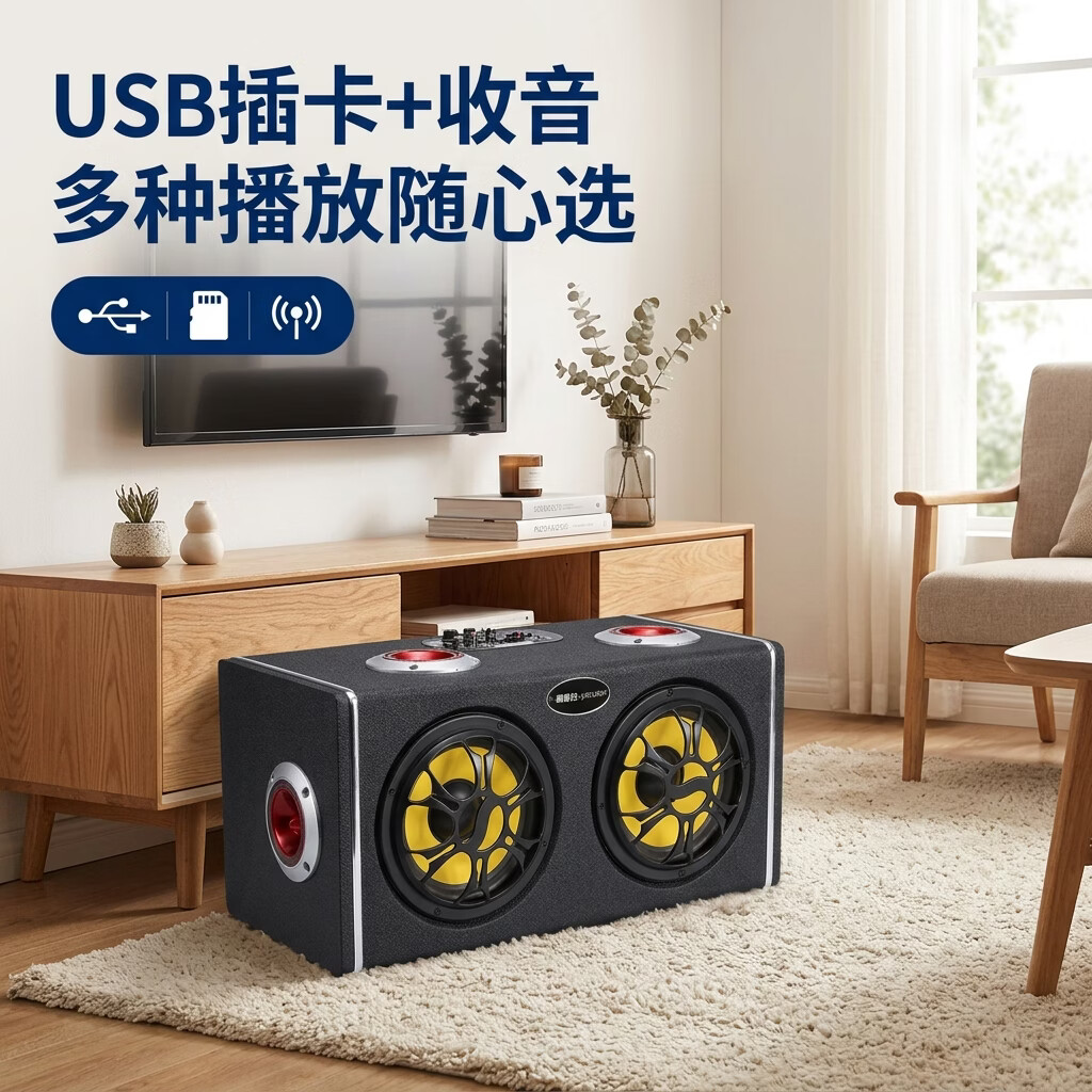 雅奇仕车载低音炮户外蓝牙音箱超重低音有源汽车音响大喇叭高音质USB插卡音乐播放器12V/24V/220V多用U盘 5英寸双低音4高音【6喇叭好音质/全木质箱体/U盘TF卡】 蓝牙充电版+双无线话筒