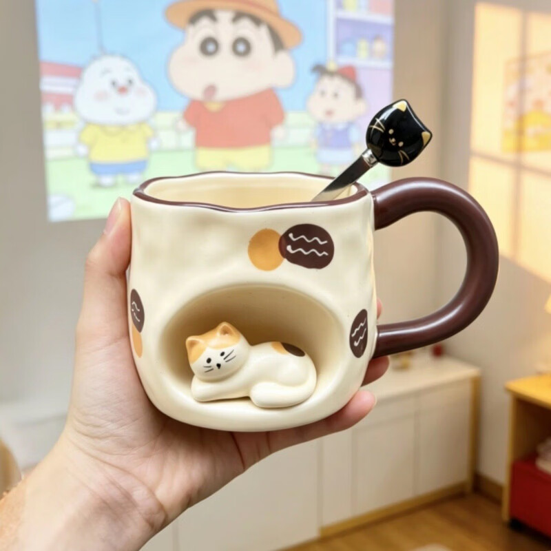 儿童水杯马克杯可爱卡通陶瓷高颜值家用女生生日礼物伴手礼品情侣 黄色猫窝杯-杯+猫勺 (卡通礼盒装)