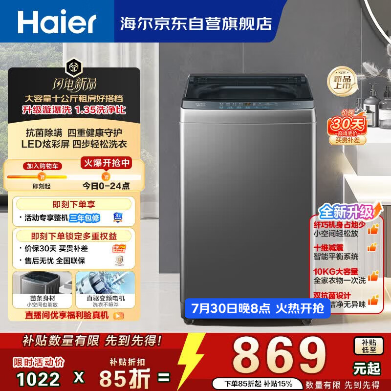 海尔（Haier）波轮洗衣机全自动 10KG 直驱变频 漩瀑洗 除菌螨 博卡灰 一级能效 家用大容量 XQB100-BZ2GD0