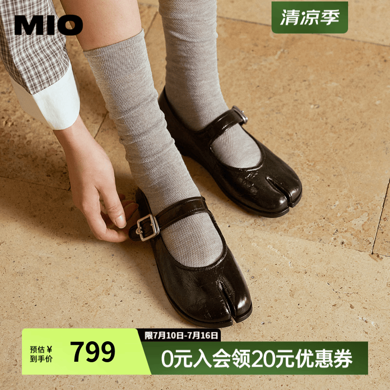 MIO米奥分趾鞋2026秋新款玛丽珍鞋芭蕾舞鞋裂纹皮面乐福鞋女单鞋 黑色 37 (235mm)