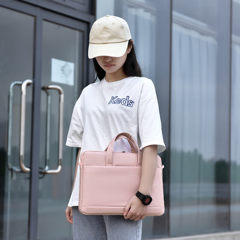 新款时尚笔记本电脑包手提包男女商务公文包单肩包斜跨包通勤出差 小号粉色
