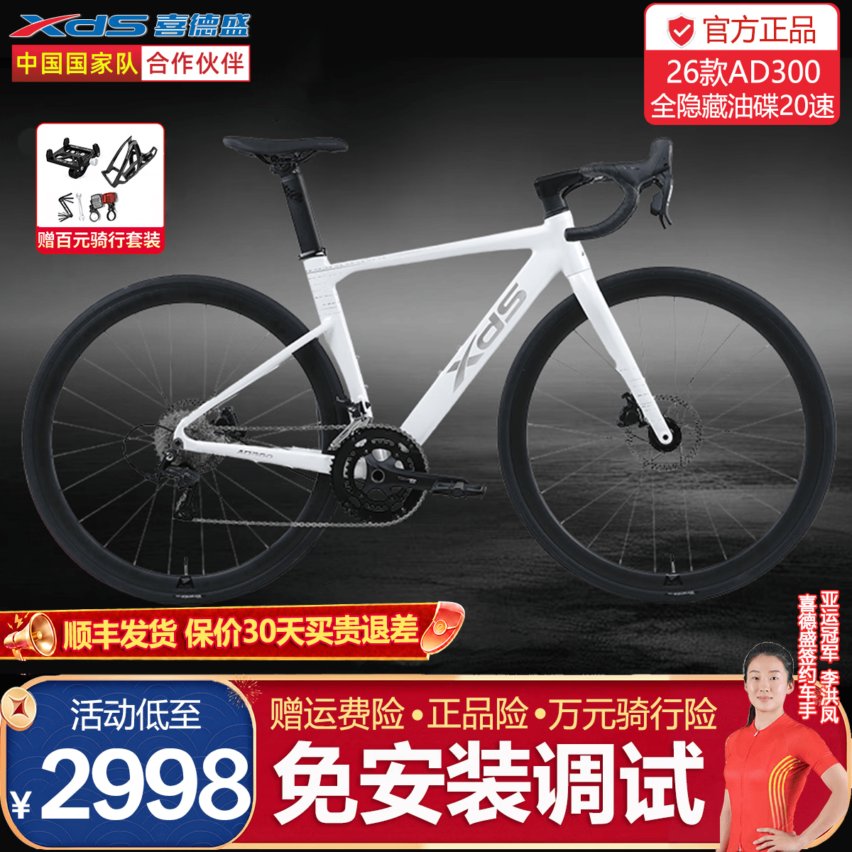 喜德盛（xds）26款AD300公路车自行车成人20速油碟桶轴全隐藏走线车架ad300 雪山白【咨询免安装】 480mm|身高165~175cm 2026升级款