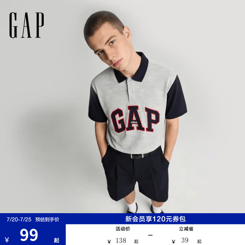 盖璞Gap男装2026春季新款珠地网眼撞色logo宽松短袖POLO衫上衣868215 浅灰色 L (175/96A)亚洲尺码