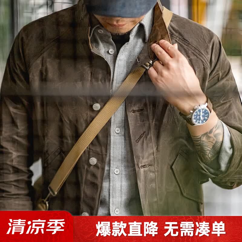 马登工装美式复古立领帆布油蜡夹克阿美咔叽硬汉防水猎装外套男 锡灰色 【修身偏小】 2XL