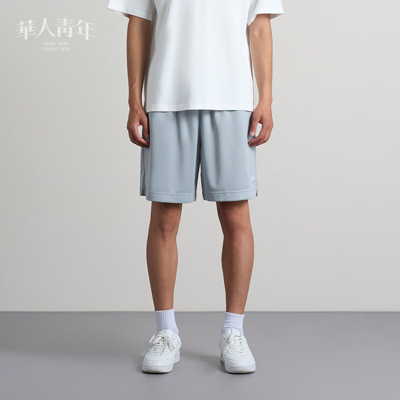 華人青年基础款小logo印花网眼透气短裤潮牌情侣宽松休闲运动裤 黑色 S